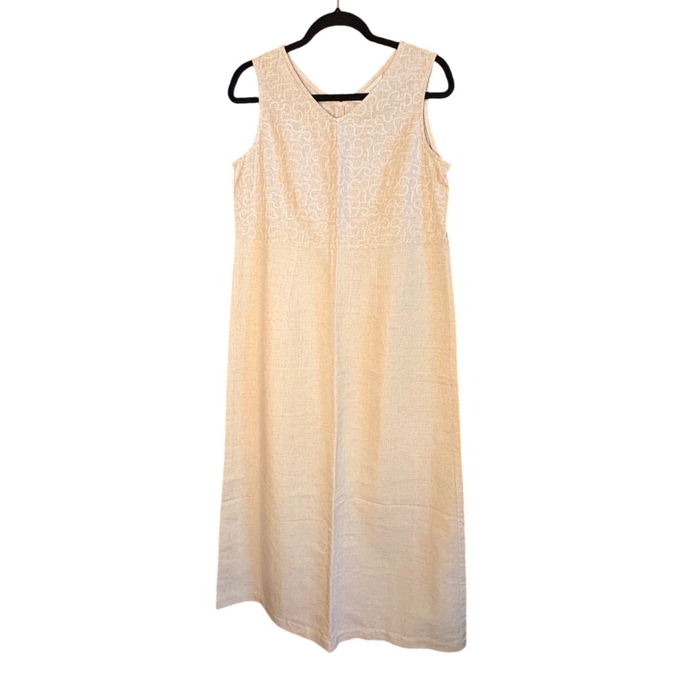 Melrose Studio Petites Beige Linen Blend Embroidered VNeck Midi Dress Sleeveless
